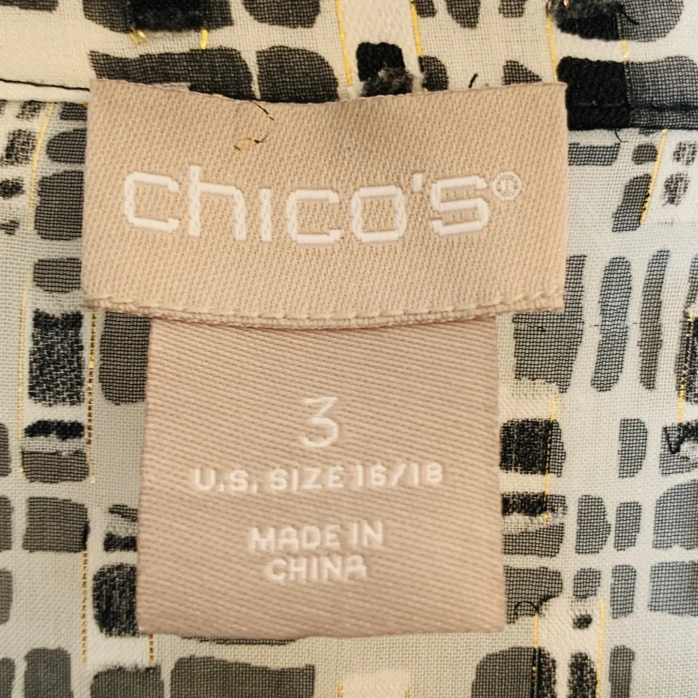 Chico's Blouse Size 3/US 16/18 Black White Metallic Gold Ruffle Front Semi Sheer